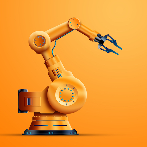 Robotization, industrial robot manipulator, orange on an orange background. The concept of a shortage of jobs, robots against people, the industrial revolution. 3D Illustration, 3D Rendering.